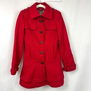 Guess Women’s Size XS Red Wool Blend Peacoat Military Peplum Flare Button Front